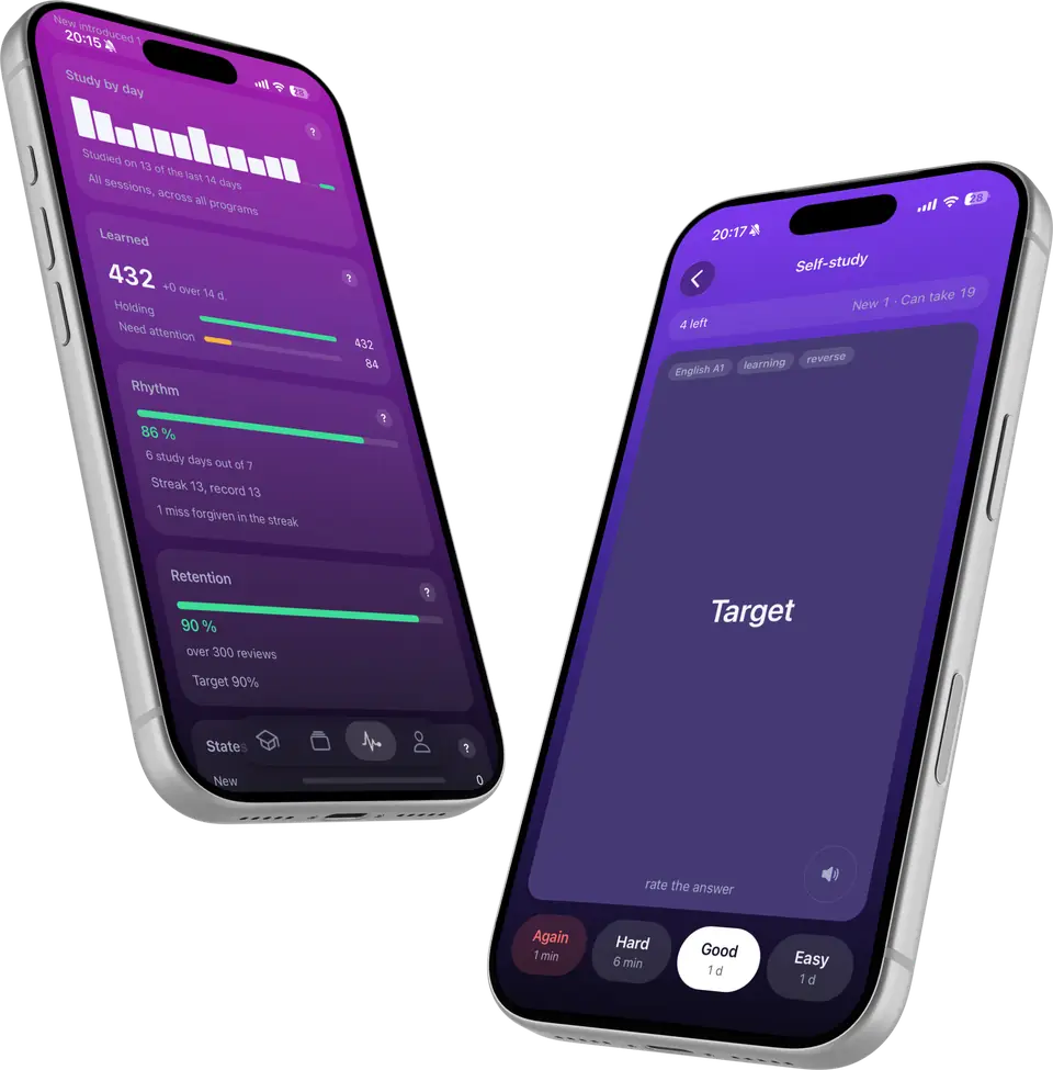 The app on two phones: study progress on the left — words learned, rhythm and retention — and a card being reviewed on the right, with the answer ratings